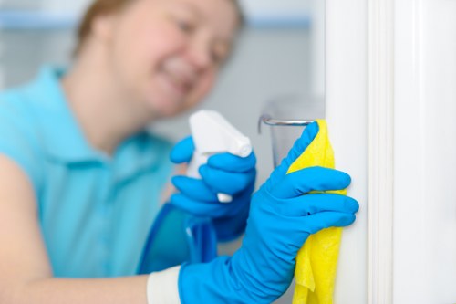 Cleaner using window cleaning equipment in W11
